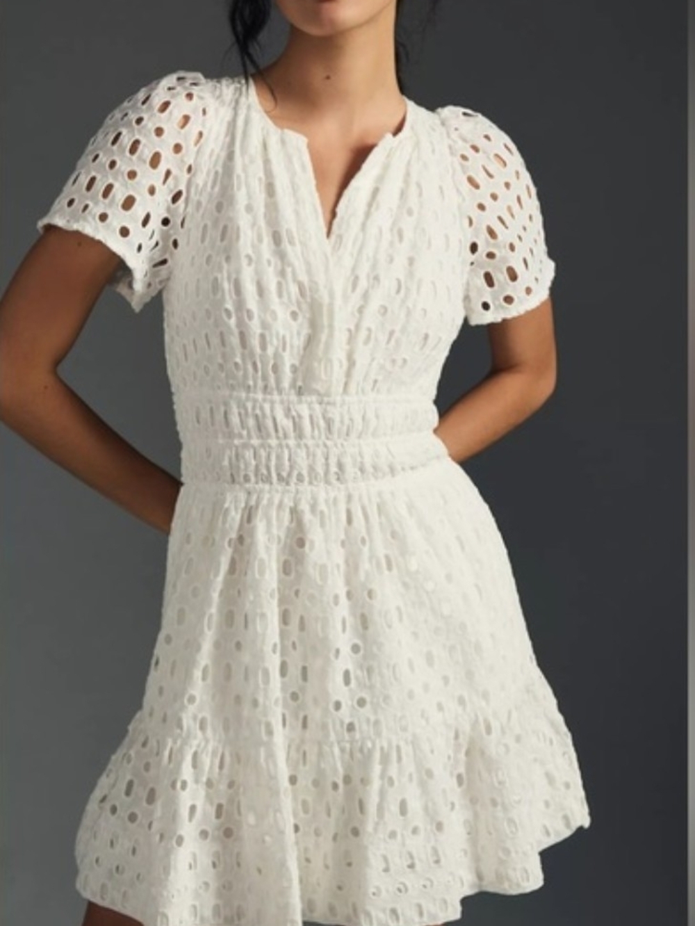 Anthropologie The Somerset White Eyelet Smocked-Waist Mini Dress
